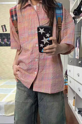 Short Sleeve Retro Pink Plaid Blouse Shirt